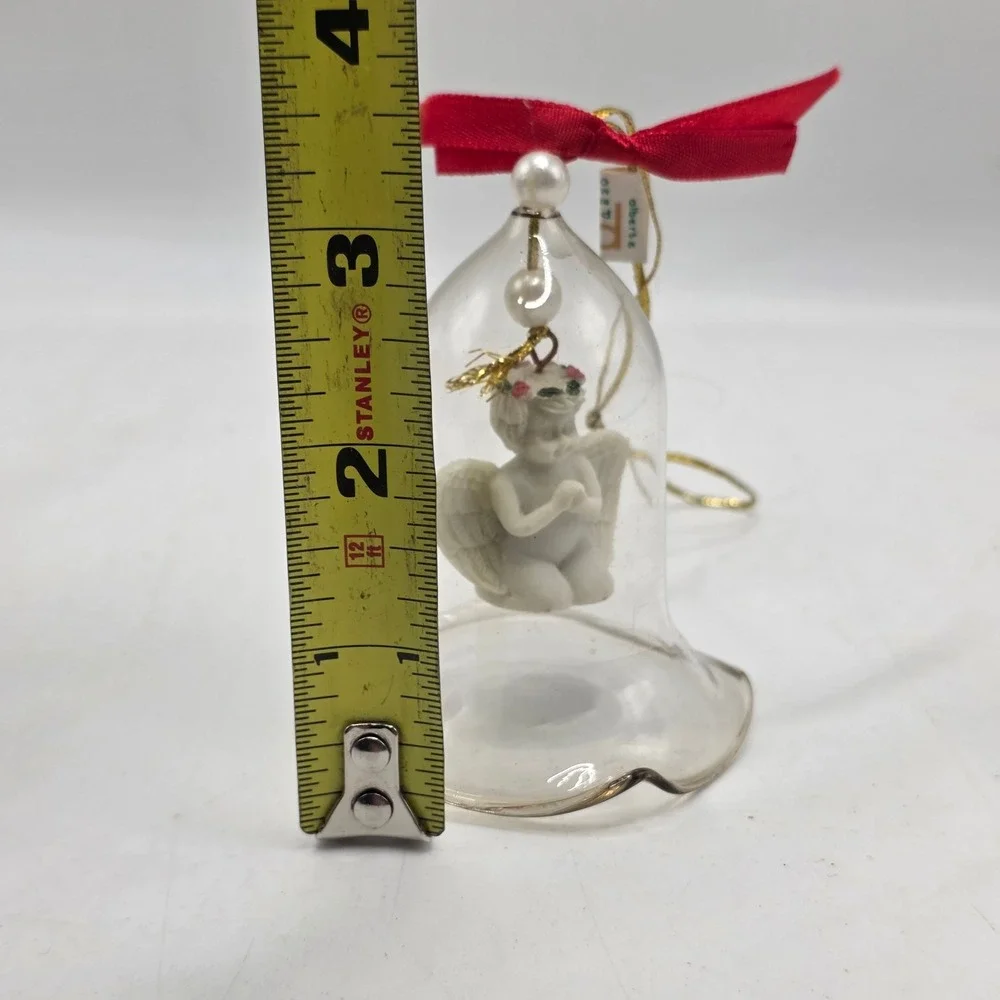 Price Angel Bell Ornament Clear Glass White Cherub 1996 Holiday Vintage 7361 Red